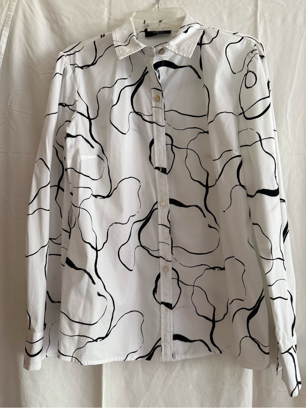 Tahari White Button-Down Shirt with Black Abstract Swirl Print